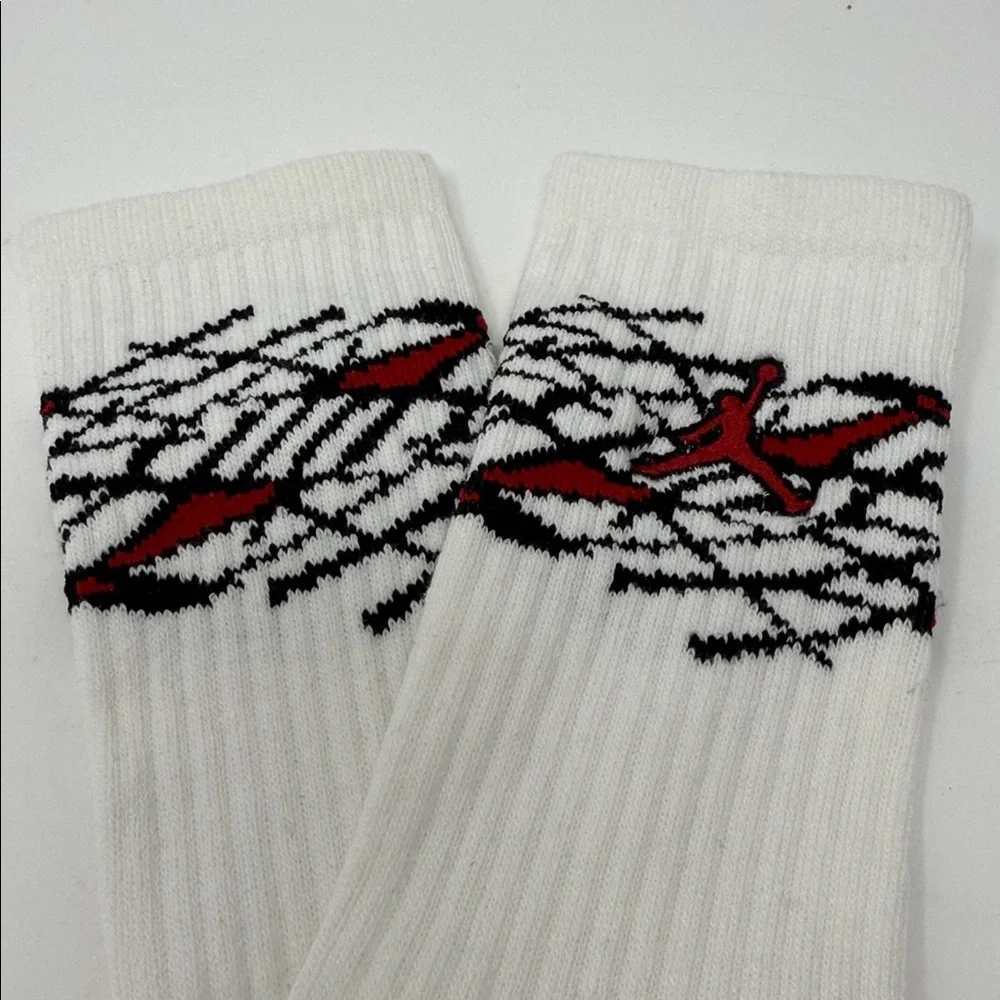 White Jumpman Jordan Socks with Red and Black Pattern NEW-No tags 7”sole